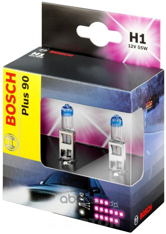 Лампа BOSCH H1 12V 60/55W+90% P43t (2шт) 